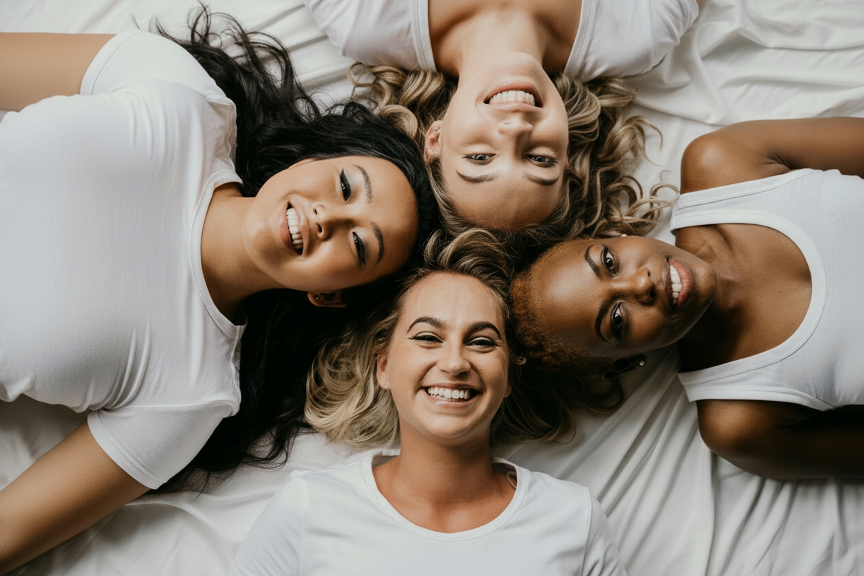 Four diverse women smiling together, representing the supportive surrogate community